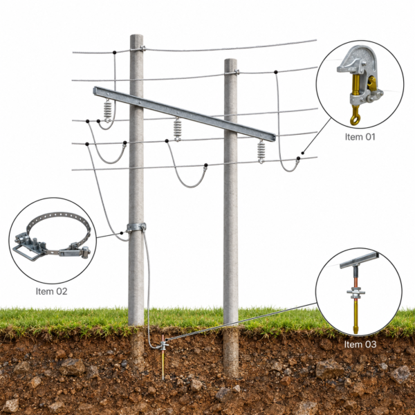 Aterramento linhas de transmissão AT com 12 grampos por torção e 27 m de cabos de cobre 95 mm². Conheça o modelo ENG 10220 e solicite cotação.