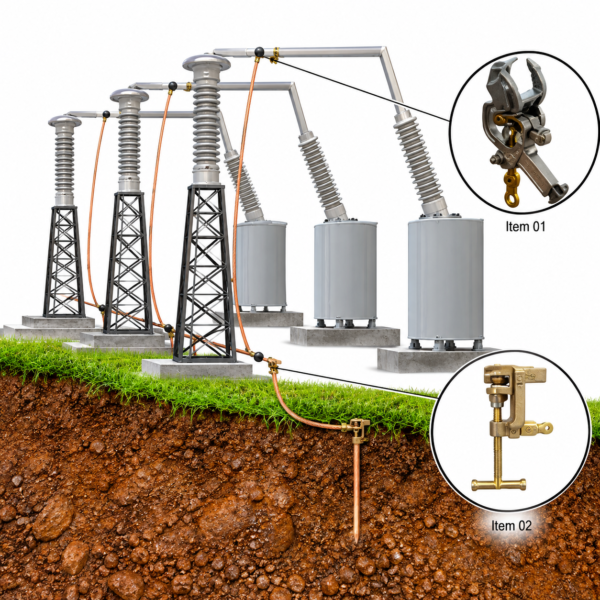 Conjunto de aterramento temporário para subestação e linha de transmissão, com grampos multiangulares e cabos de cobre de 95 mm².