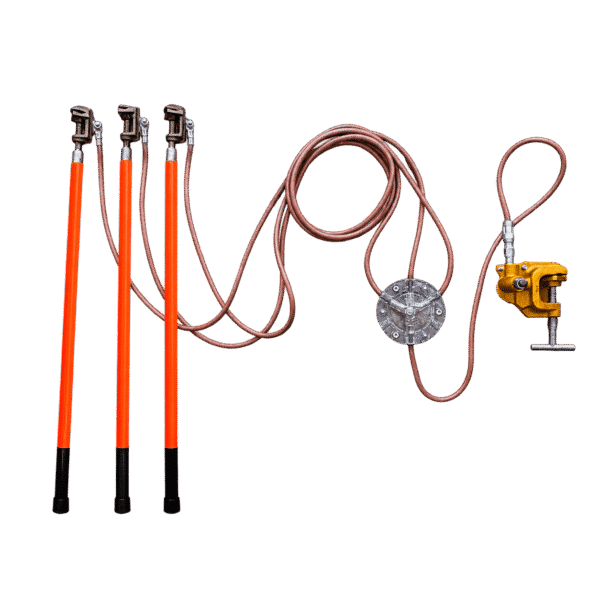 Conjunto de aterramento temporário para cubículo e subestações MT com grampos por torção, cabos de cobre 25 mm² e bloco terminal.
