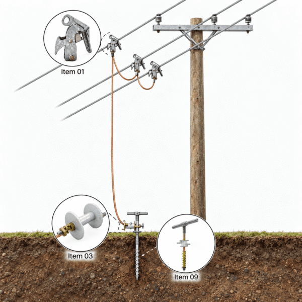 Aterramento temporário trifásico em poste de rede primária de média tensão até 36,2 kV