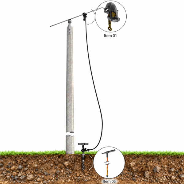 Conjunto de aterramento temporário monofásico 36 kV para redes de distribuição MT com cabo de cobre 35 mm², grampos por torção e trado de aterramento.