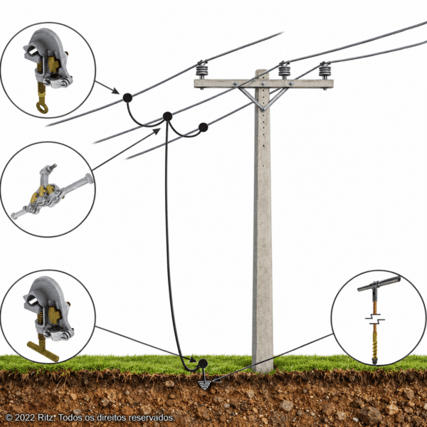 Conjunto de aterramento temporário para redes de distribuição MT com grampos por torção, cabos de cobre 25 mm², trapézio e trado de aterramento.