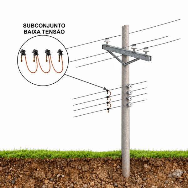 Subconjunto de aterramento BT com quatro grampos por torção e três cabos de cobre 35 mm²