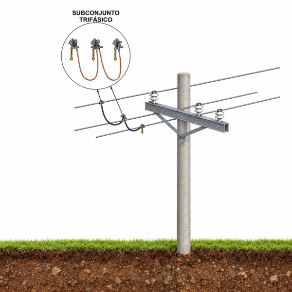 Subconjunto de aterramento trifásico com três grampos por torção e cabos de cobre extraflexível